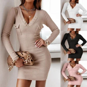 Casual Knit Rib Dress Long Sleeves Women's